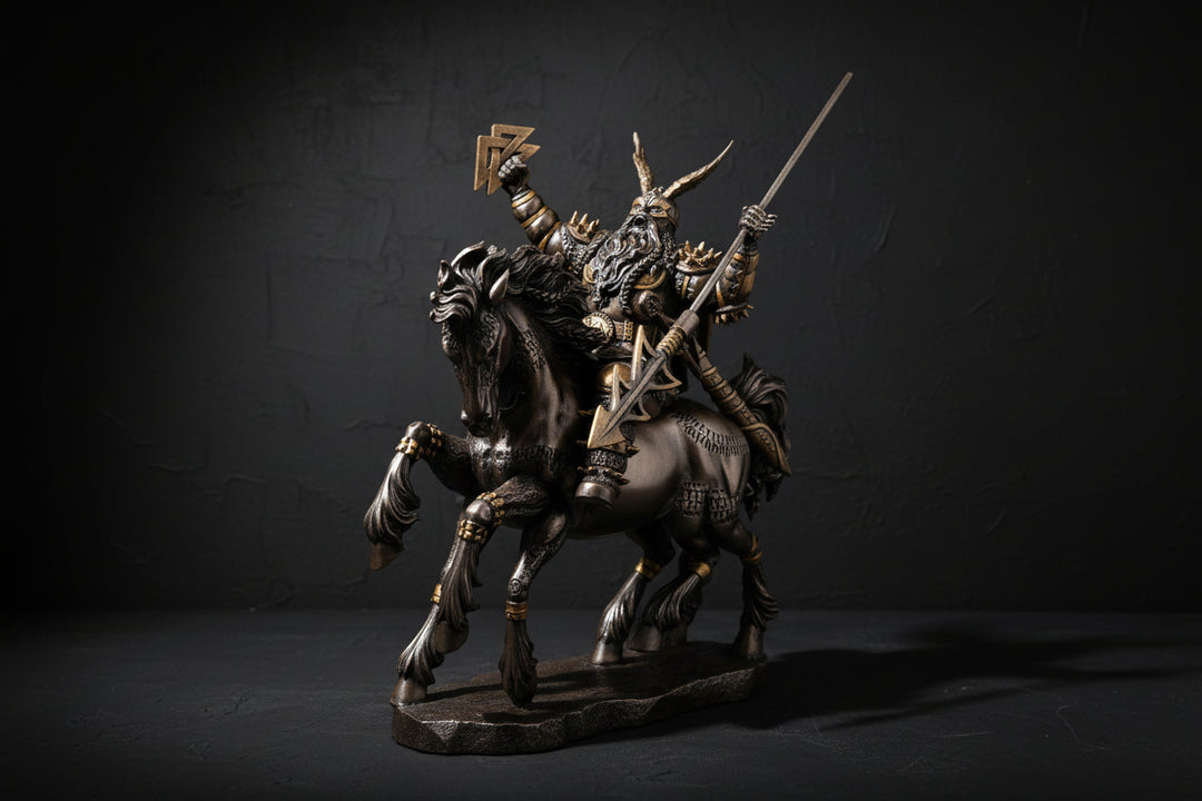 Statue of a warrior on horseback with armor and weapons on a white background