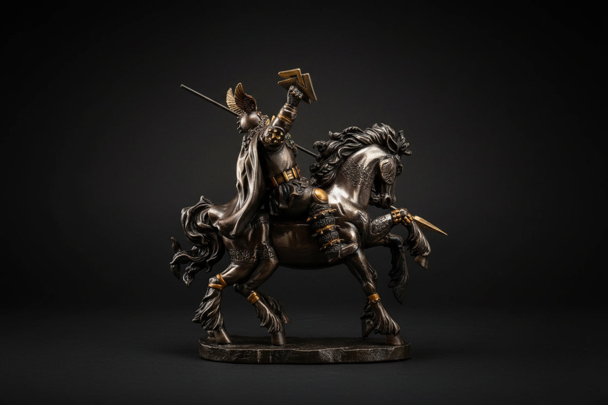 Statue of a warrior on horseback with a spear, detailed in bronze.