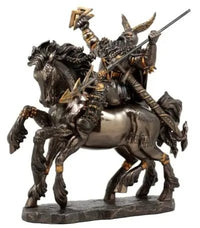 Bronze statue of a warrior on horseback with a spear and armor, on a white background