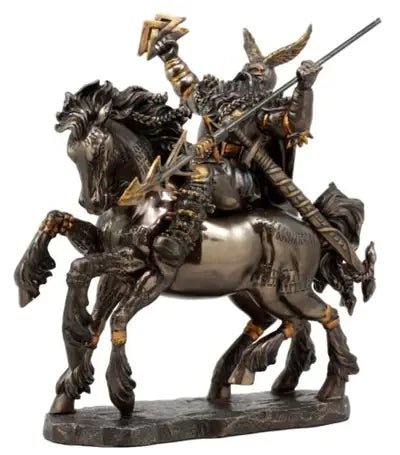 Bronze statue of a warrior on horseback with a spear and armor, on a white background