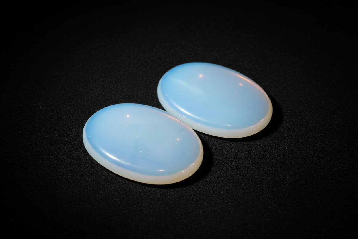 Two polished opalite palm stones with milky blue-white iridescence