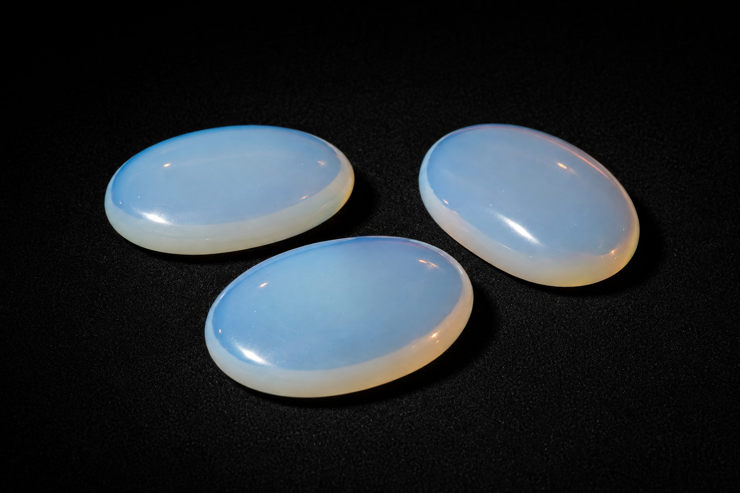 Three polished milky blue-white Opalite glass palm stones with warm edge reflections on black