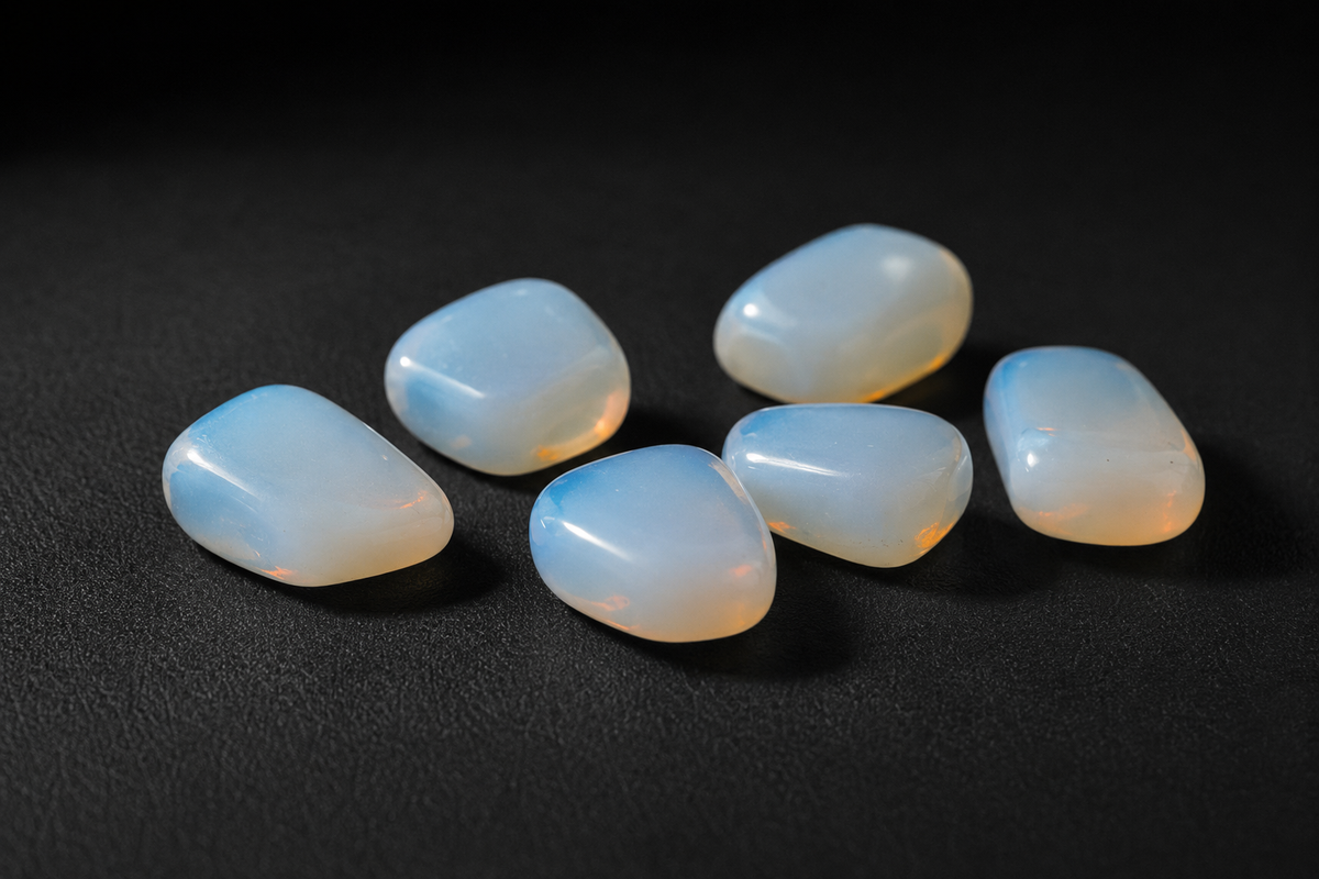 Six polished milky Opalite glass stones with pale blue glow and warm orange edges on black