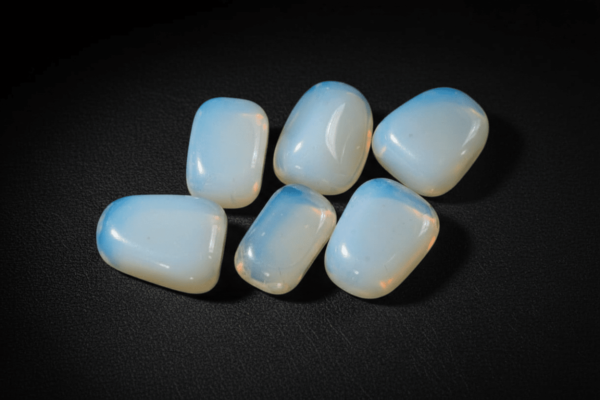 Representative polished milky man-made opalescent glass stones sold as Opalite; glow, shape, and size vary