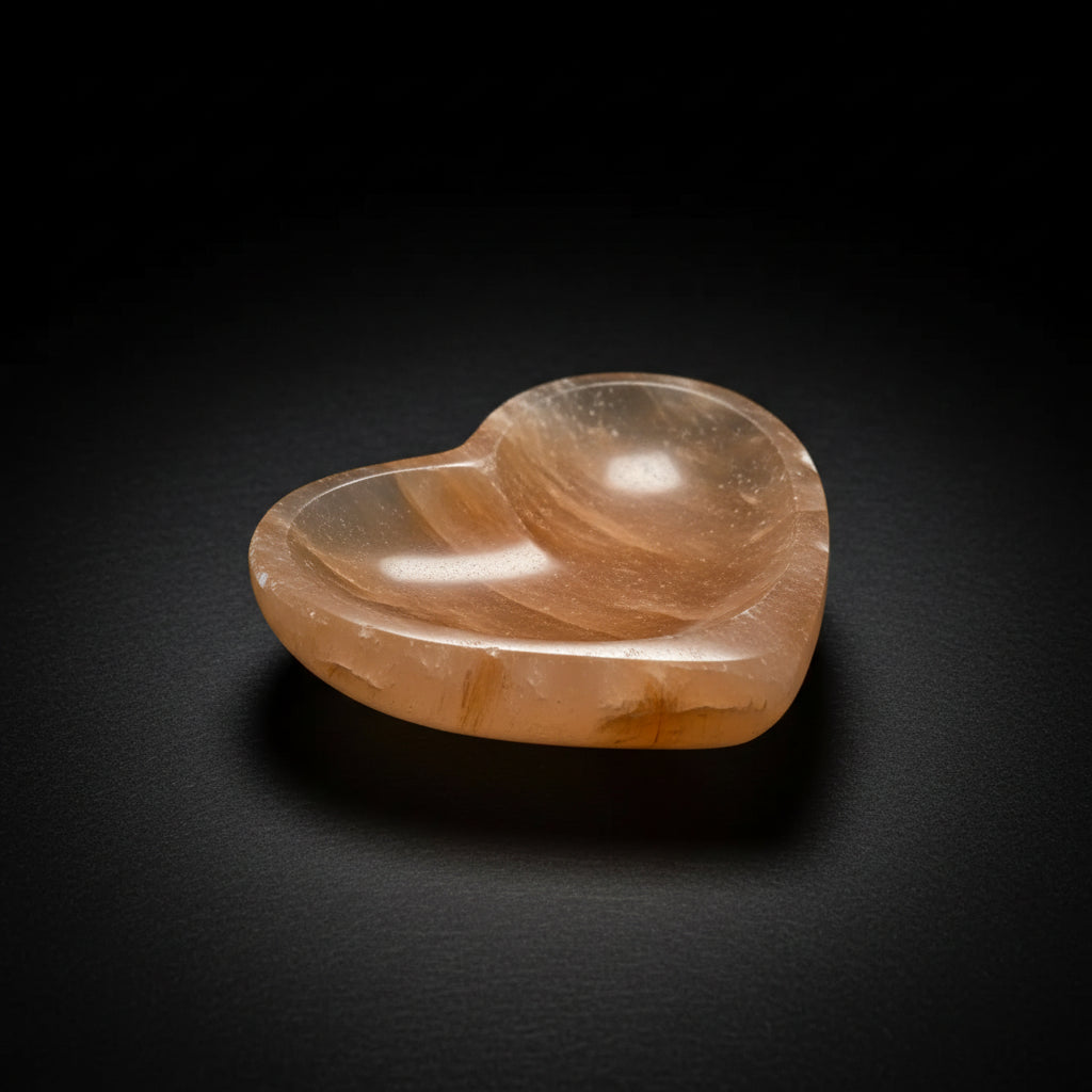 Heart-shaped orange satin spar gypsum bowl with natural banding