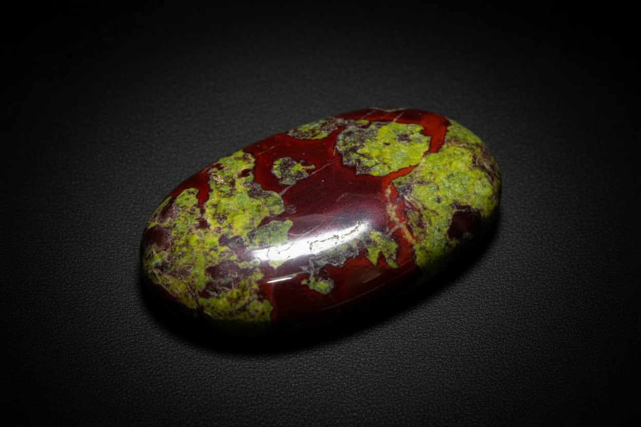Oval-shaped gemstone with red and green patterns on a white background