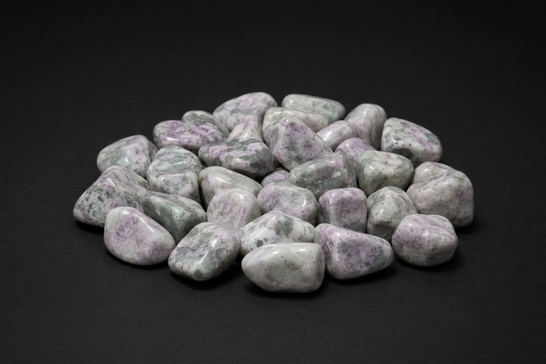 Assortment of polished pale green, white, and lavender stones sold as Peace Jade on black