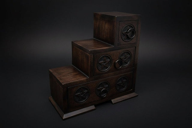 Three-step wooden drawer with pentacle design