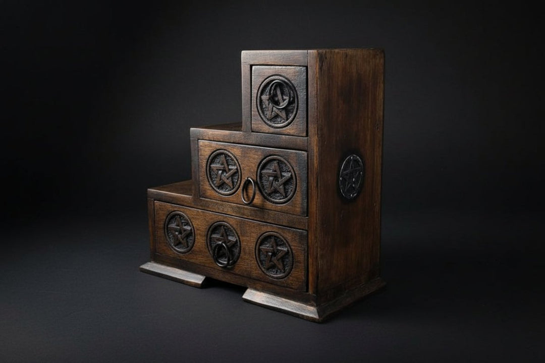 Pentacle wooden drawer unit shown open