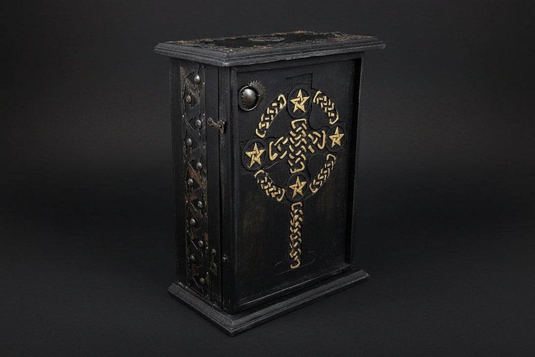 Pentacle and Celtic cross wooden cabinet front view