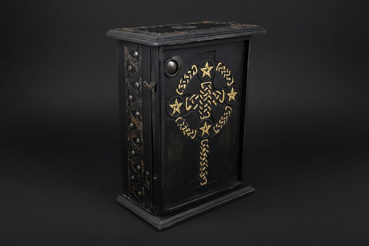 Pentacle and Celtic cross wooden cabinet front view