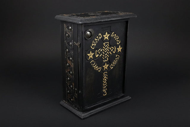 Pentacle and Celtic cross wooden cabinet front view