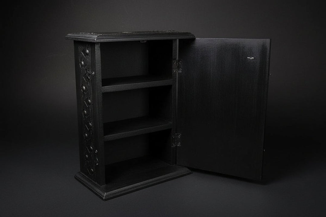 Wooden cabinet showing carved pentacle and cross details