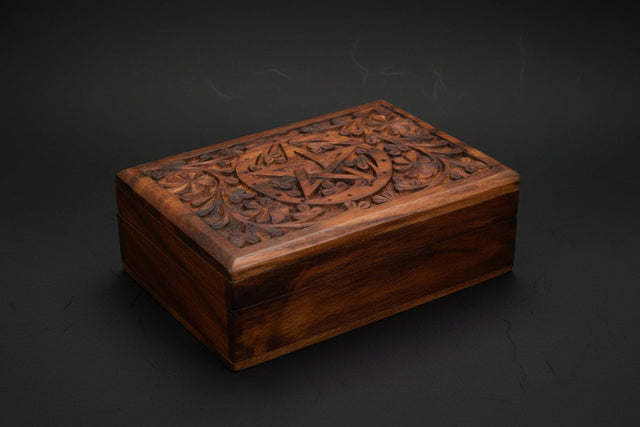 Carved wooden box with pentacle design