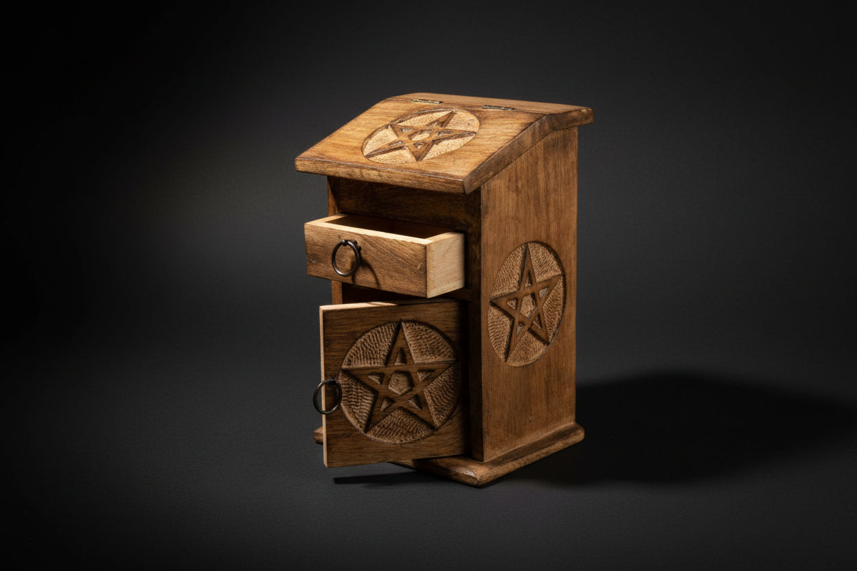 Wooden nightstand with pentagram designs on a white background