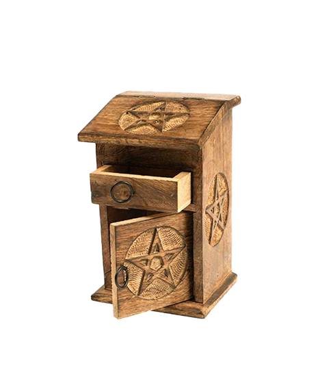 Wooden nightstand with pentagram designs on a white background