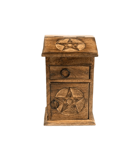 Wooden nightstand with star designs on a white background