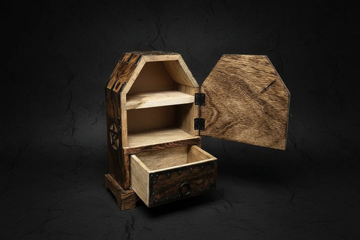 Pentacle wooden cupboard shown open