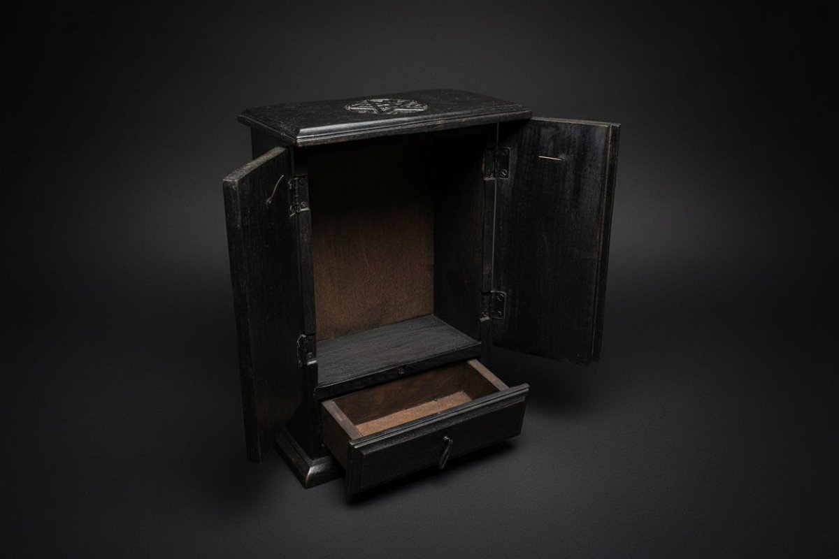 Black pentacle wooden cupboard shown open