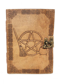 Brown leather notebook with pentagram design and lock on a white background