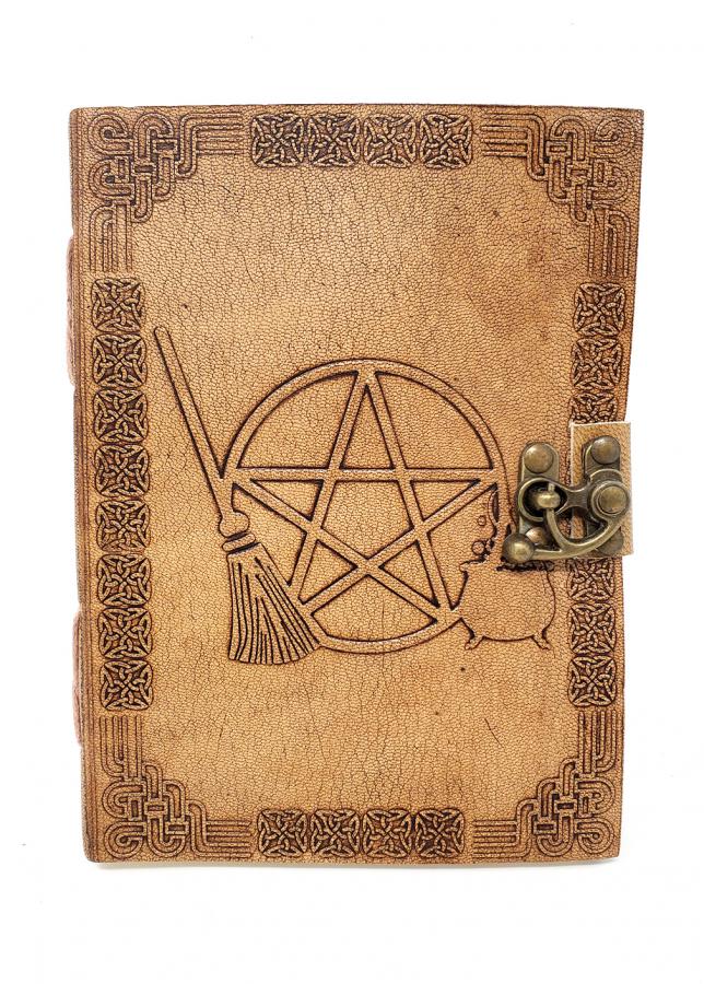Brown leather notebook with pentagram design and lock on a white background