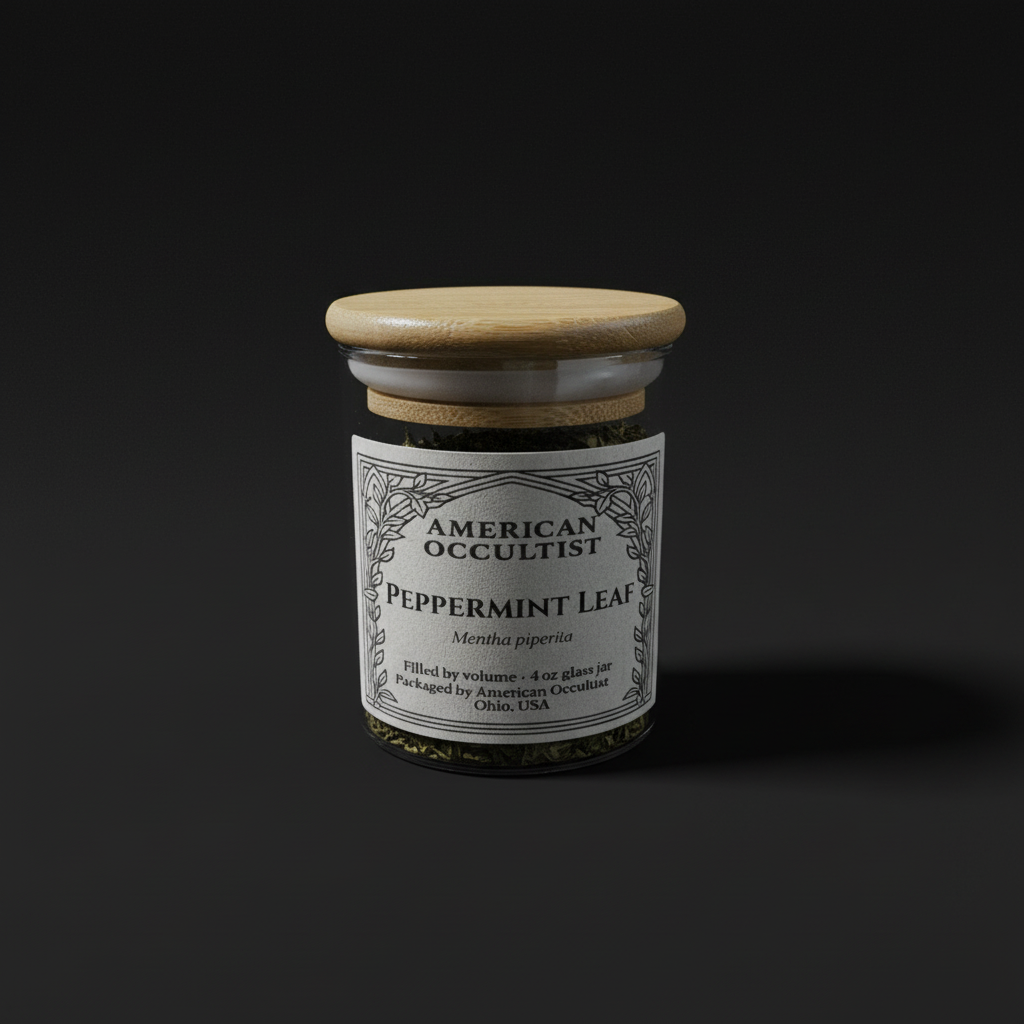 Dried cut-and-sifted peppermint leaf (Mentha × piperita) in a labeled glass ritual herb jar