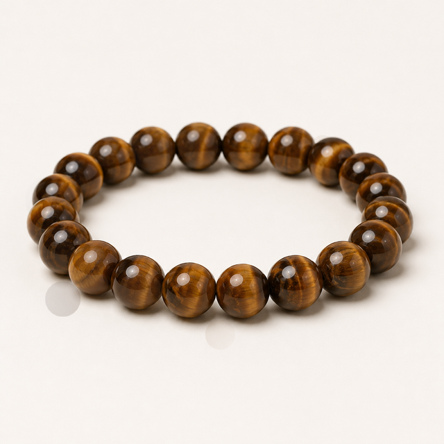 Polished round pietersite beaded stretch bracelet with stormy blue, gold, and brown swirled chatoyancy.