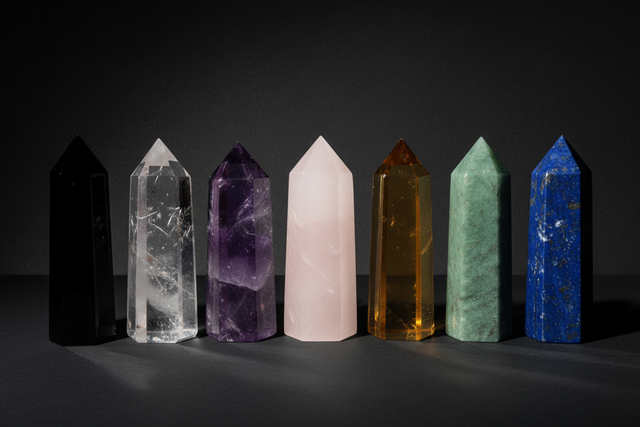 Representative assortment of polished pointed stone towers in multiple materials and sizes