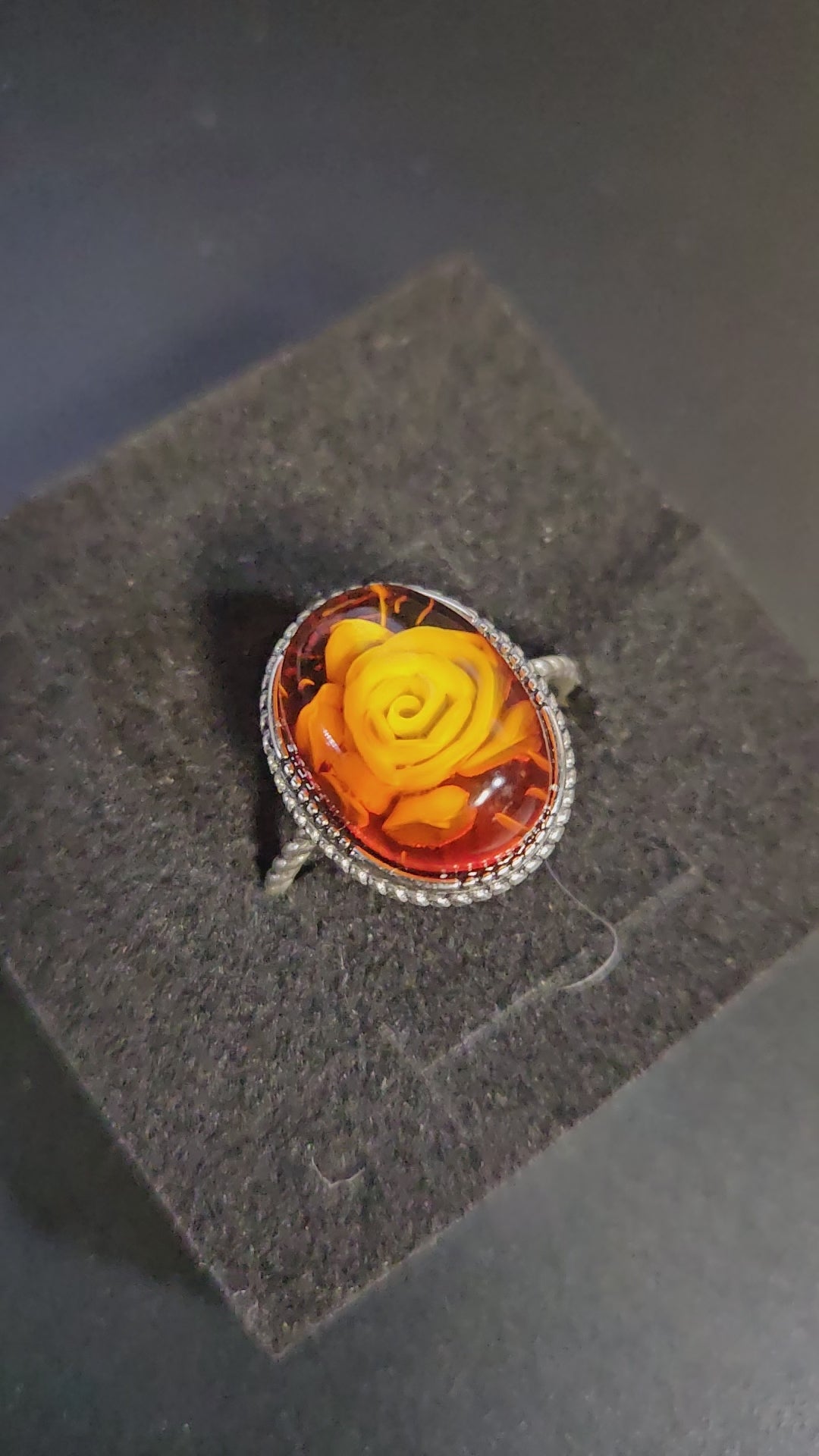 Amber Ring with Rose-Shaped Stone