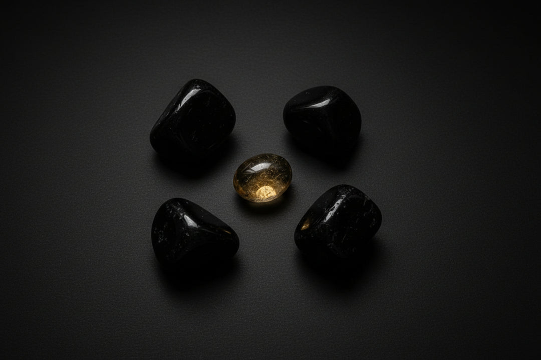 Four black stones and one gold stone on a gray background