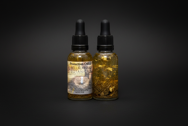 Two bottles of Belladonna Botanicals Protection Oil with dropper lids on a white background.