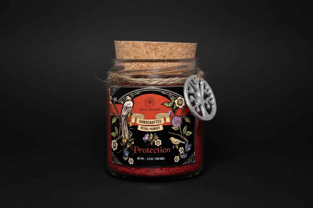 Glass jar with cork lid containing 'Protection' ritual powder, featuring a decorative label.