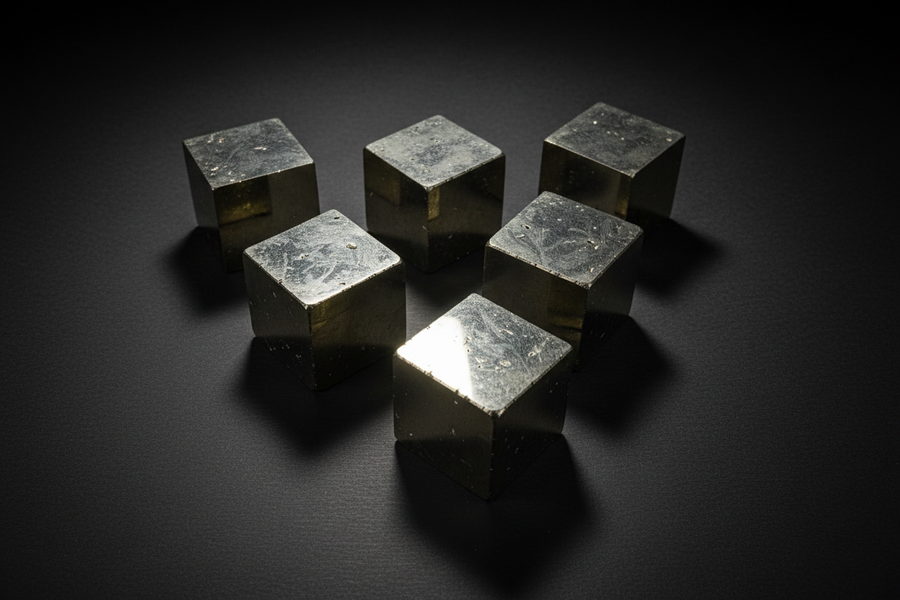 Representative natural pyrite cube with opaque brassy-gold metallic faces, varied edges, and surface texture
