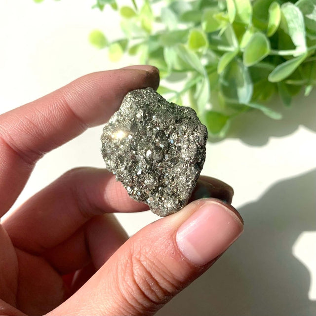 Hand holding a metallic crystal with greenery in the background