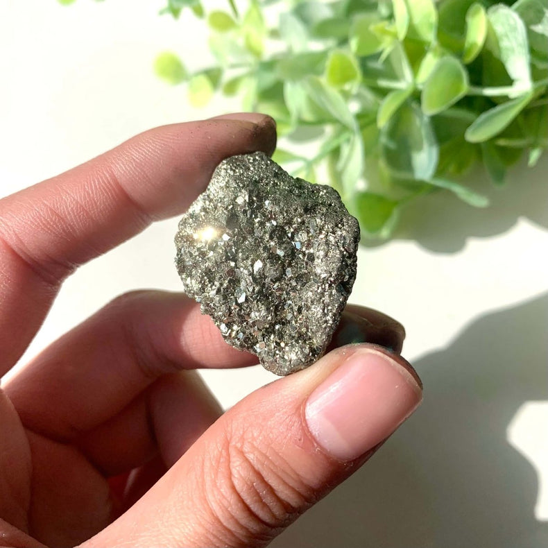 Hand holding a metallic crystal with greenery in the background