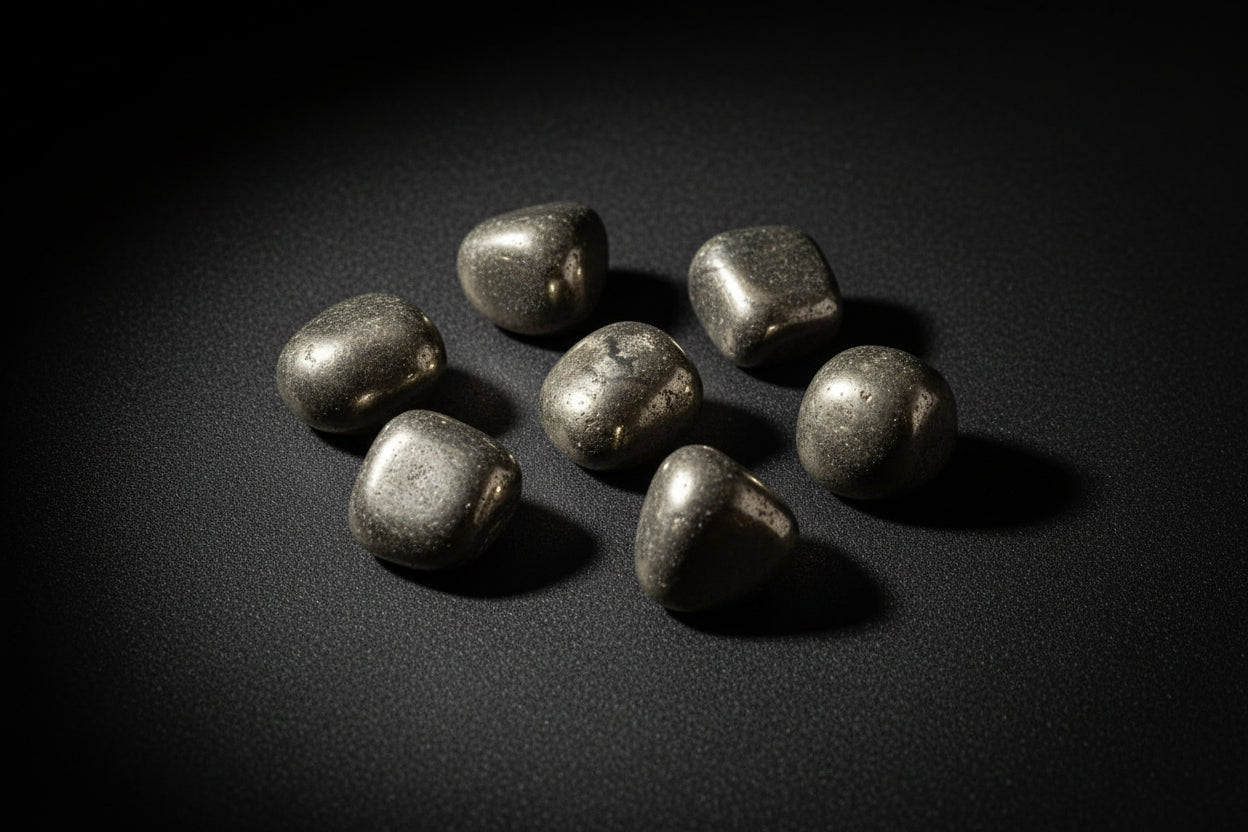 Representative polished brassy metallic pieces sold as Pyrite; texture, matrix, tarnish, shape, and size vary