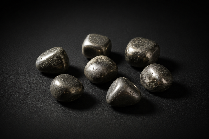 Seven polished dark brassy Pyrite tumbled stones with fine metallic texture on black