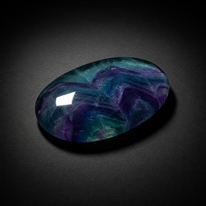 Polished rainbow fluorite palm stone with green, blue, and purple banding on a matte black surface