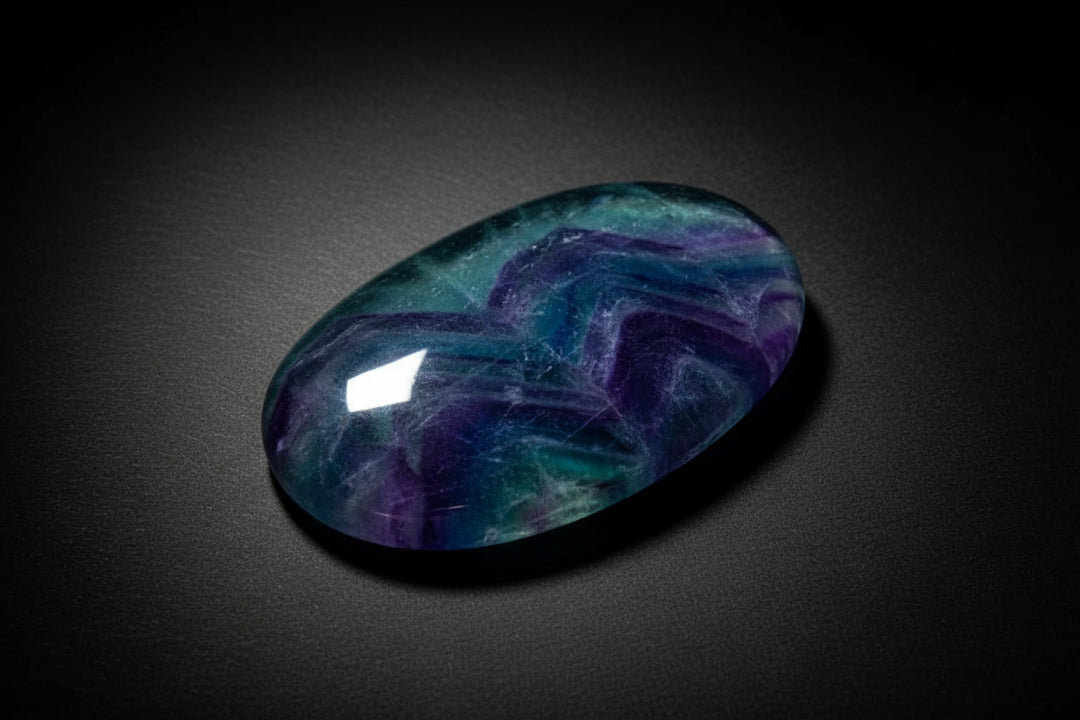 Polished Rainbow Fluorite palm stone with purple and green banding