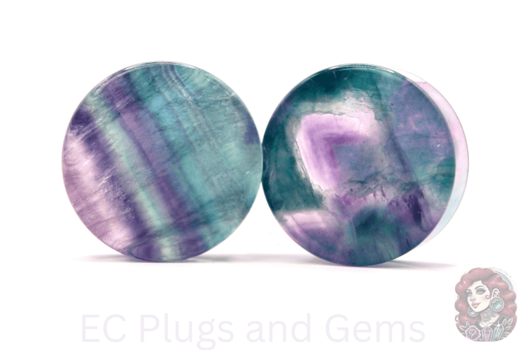 Pair of colorful gemstone plugs on a white background with 'EG Plugs and Gems' branding.