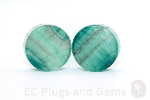 Pair of round green stone earrings on a white background with 'EC Plugs and Gems' branding.