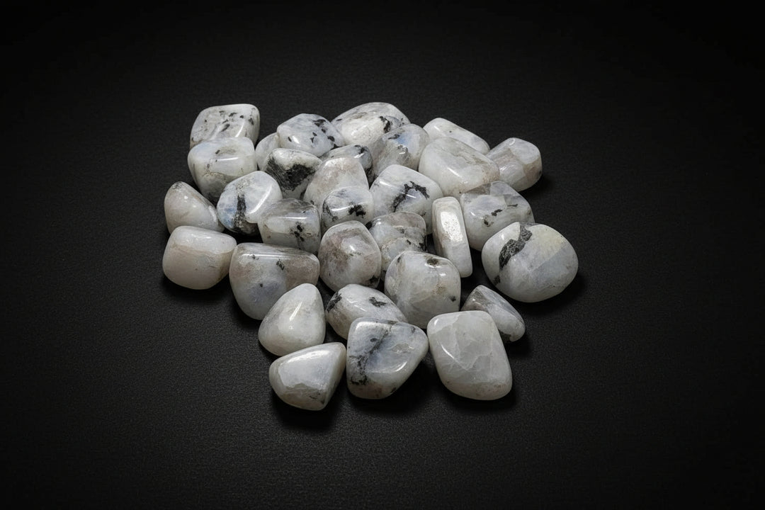 Polished pale Rainbow Moonstone tumbled stones with dark inclusions