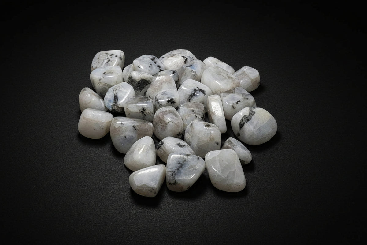 Polished pale Rainbow Moonstone tumbled stones with dark inclusions