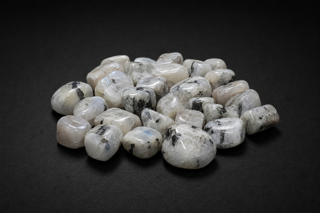 Pile of polished pale Rainbow Moonstone trade stones with black and gray inclusions on black