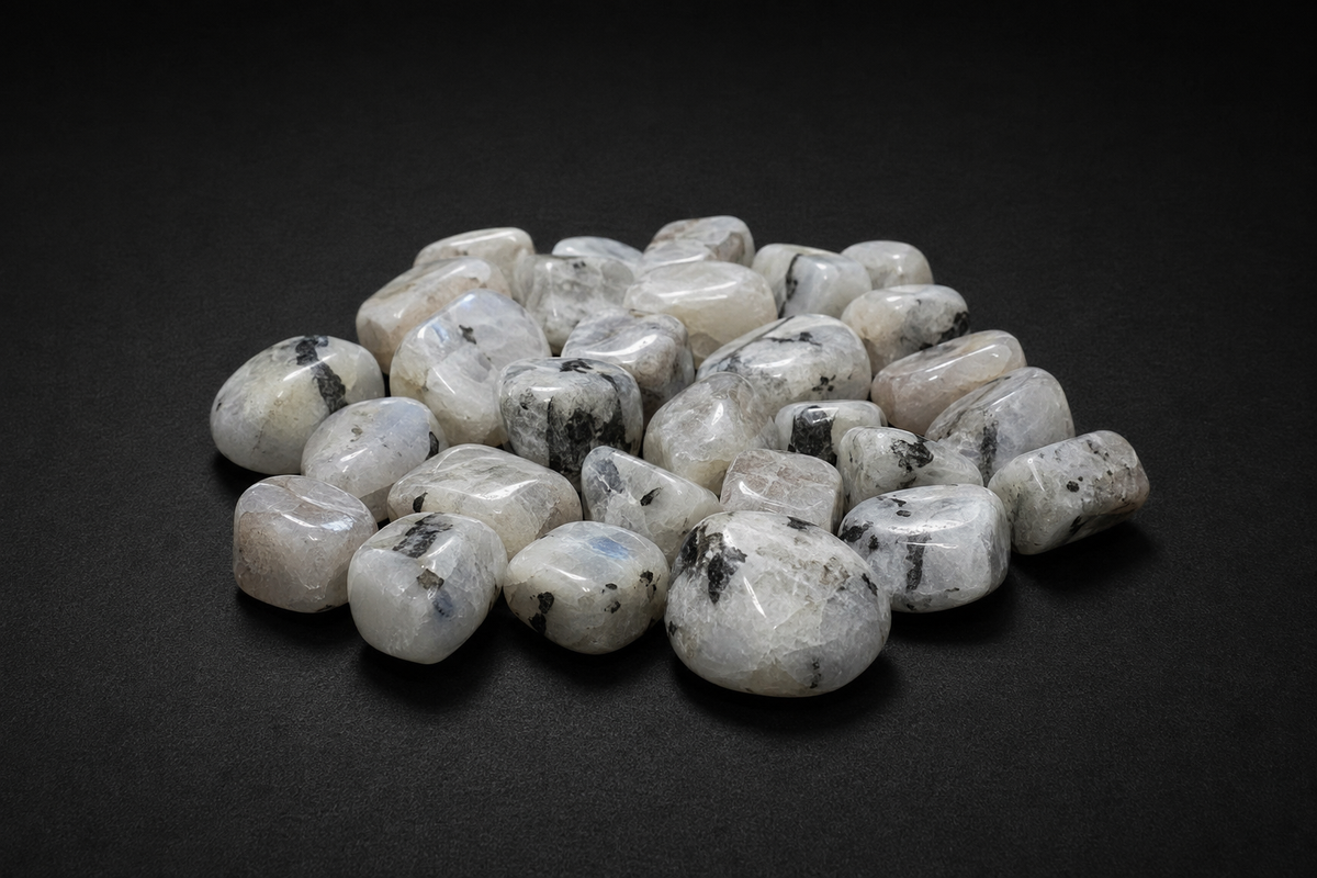 Pile of polished pale Rainbow Moonstone trade stones with black and gray inclusions on black