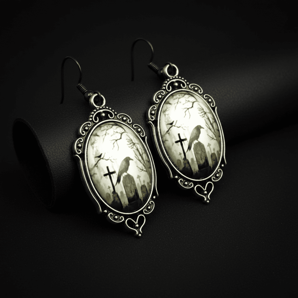 Raven on Tombstone Earrings – Gothic Dark Elegance