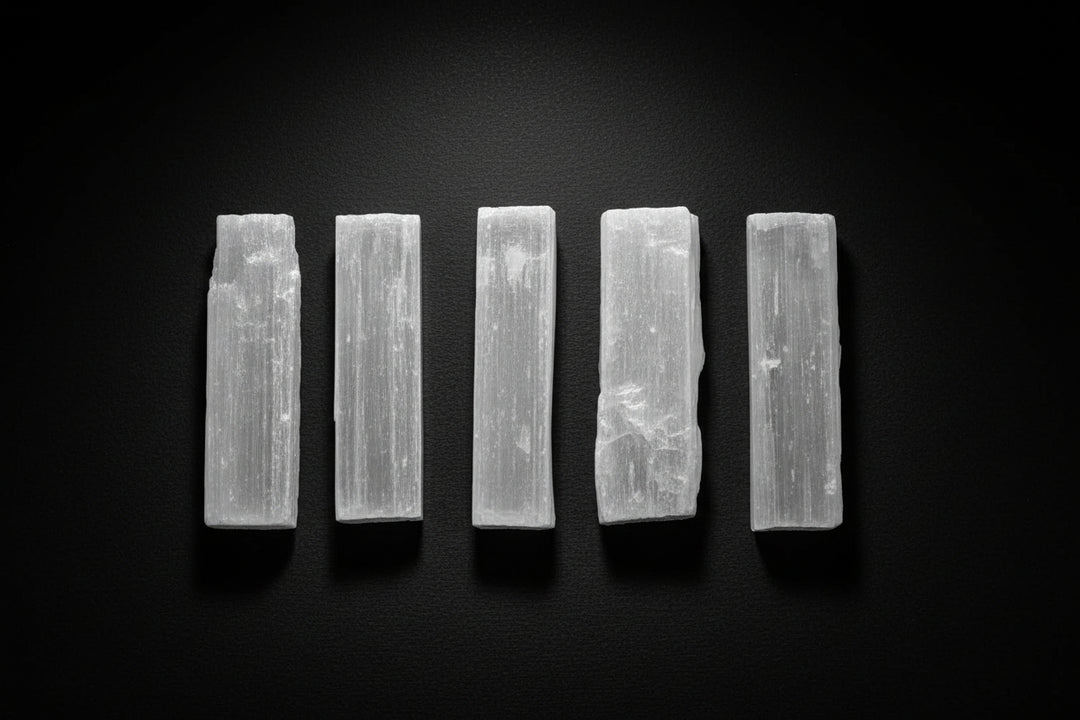 Short raw white satin spar gypsum wand measuring approximately 3 to 4 inches