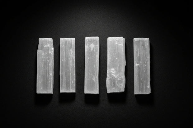 Short raw white satin spar gypsum wand measuring approximately 3 to 4 inches