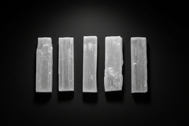 Short raw white satin spar gypsum wand measuring approximately 3 to 4 inches