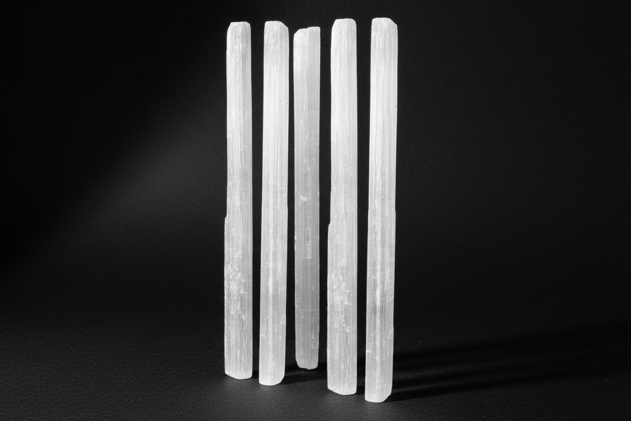 Raw white satin spar gypsum wands measuring approximately 4 to 7 inches